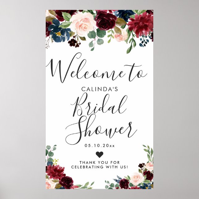 Burgundy Bouquet | Bridal Shower Welcome Poster (Front)