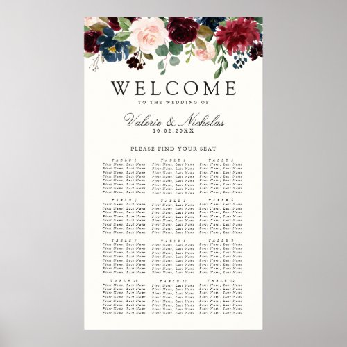 Burgundy Bouquet  Floral 12 Table Seating Chart