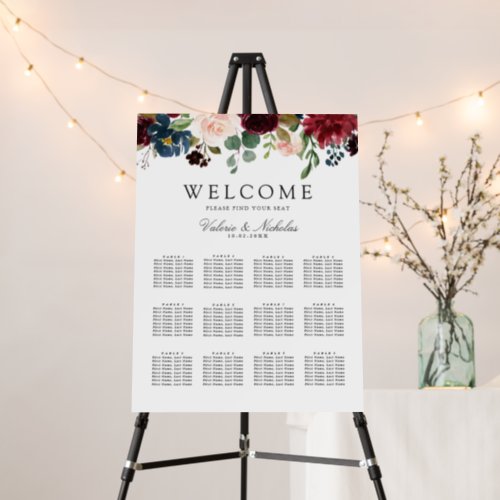 Burgundy Bouquet  Floral 12 Table Seating Chart Foam Board