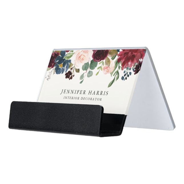 Burgundy Bouquet | Floral Business Desk Business Card Holder (Angled Front)