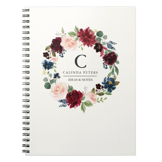 Burgundy Bouquet | Floral monogram Notebook (Front)