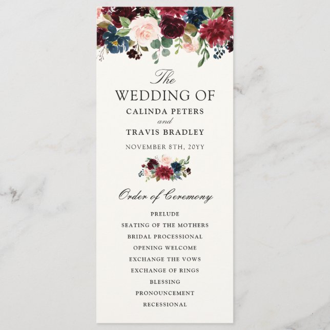 Burgundy Bouquet | Floral Wedding Program (Front)