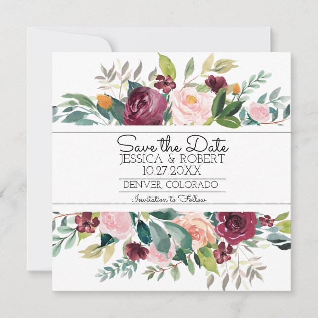 Burgundy Bouquet Save the Date Card (Front)
