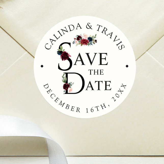 Burgundy Bouquet | Save the Date Wedding Classic Round Sticker (Creator Uploaded)