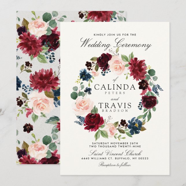 Burgundy Bouquet Wreath | Floral Wedding Invitation (Front/Back)