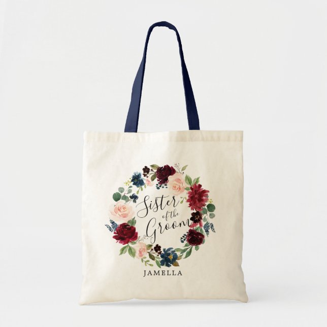 Burgundy Bouquet Wreath | Sister of the Groom Tote Bag (Front)
