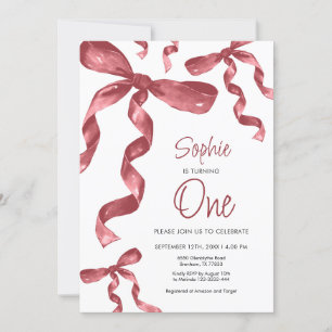  Burgundy Bow 1st Birthday Invitation