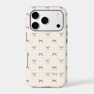 Burgundy Bow Beige Gingham Personalized Name iPhone 17 Pro Case