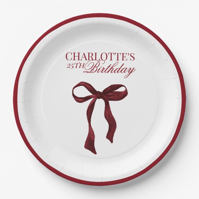 Burgundy Bow Birthday Paper Plates (Front)