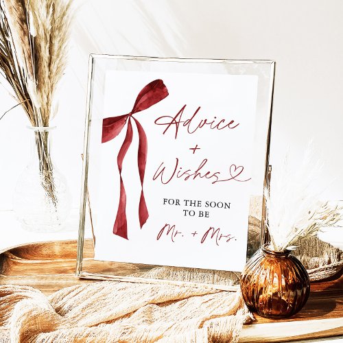 Burgundy Bow Bridal Shower Advice & Wishes Sign