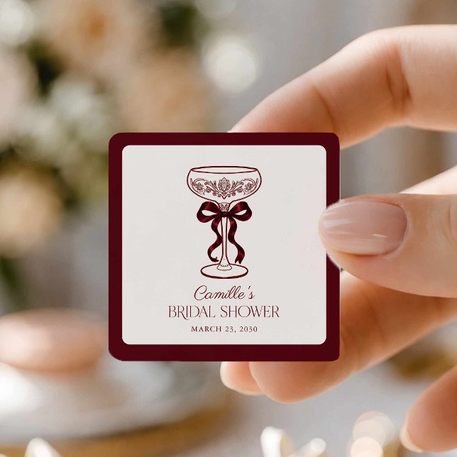 Burgundy Bow Bridal Shower Favor Sticker (Burgundy Bow Champagne Bridal Shower Sticker)