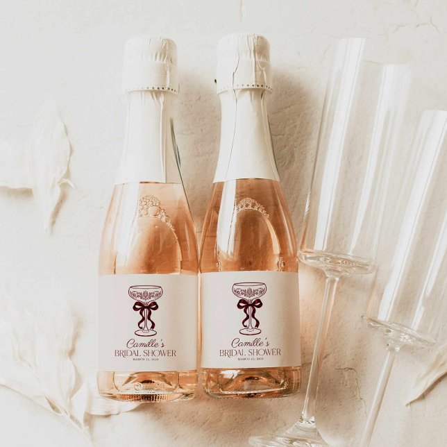Burgundy Bow Bridal Shower Mini Champagne Labels (Burgundy Bow Champagne Mini Bottle Favor Labels)