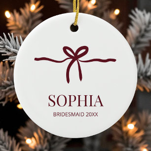 Burgundy Bow Bridesmaid Modern Minimal Name Year Ceramic Ornament