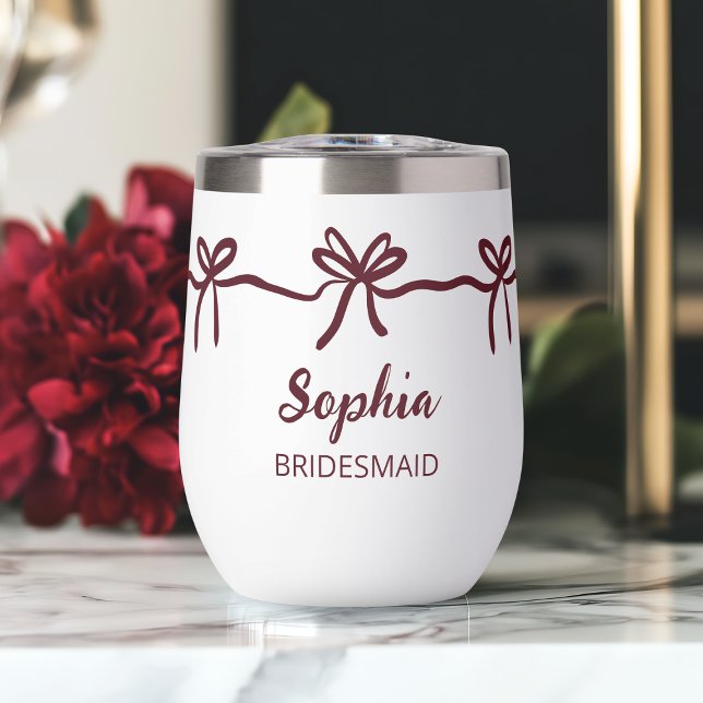 Burgundy Bow Bridesmaid Personalized Script Name Thermal Wine Tumbler (Burgundy Bow Bridesmaid Personalized Script Name Thermal Wine Tumbler)
