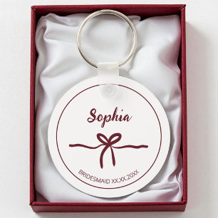 Burgundy Bow Bridesmaid Script Modern Name Date Keychain