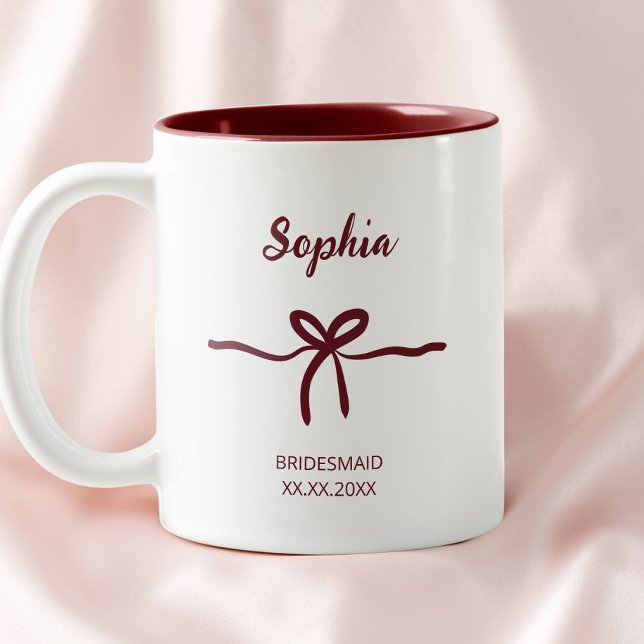 Burgundy Bow Bridesmaid Script Modern Name Date Two-Tone Coffee Mug (Burgundy Bow Bridesmaid Script Modern Name Date Two-Tone Coffee Mug)