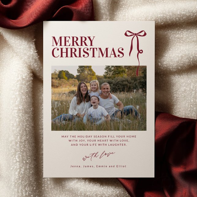 Burgundy Bow Christmas Card with Photo (Creator Uploaded)