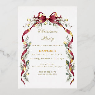 Burgundy Bow Garland Christmas Party Foil Invitation