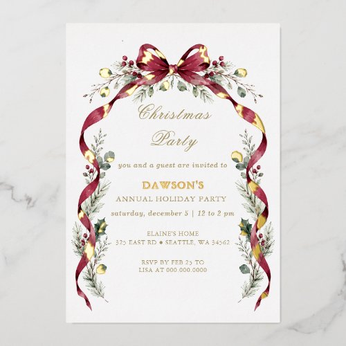 Burgundy Bow Garland Christmas Party Foil Invitation