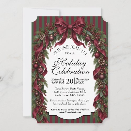 Burgundy Bow & Garland Classic Christmas Party Invitation