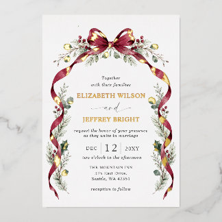 Burgundy Bow Garland Winter Christmas Wedding Foil Invitation