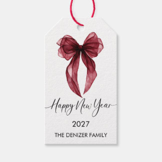 Burgundy Bow Minimalist Happy New Year 2027 Gift Tags