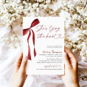 Burgundy Bow She's Tying The Knot Bridal Shower Invitation