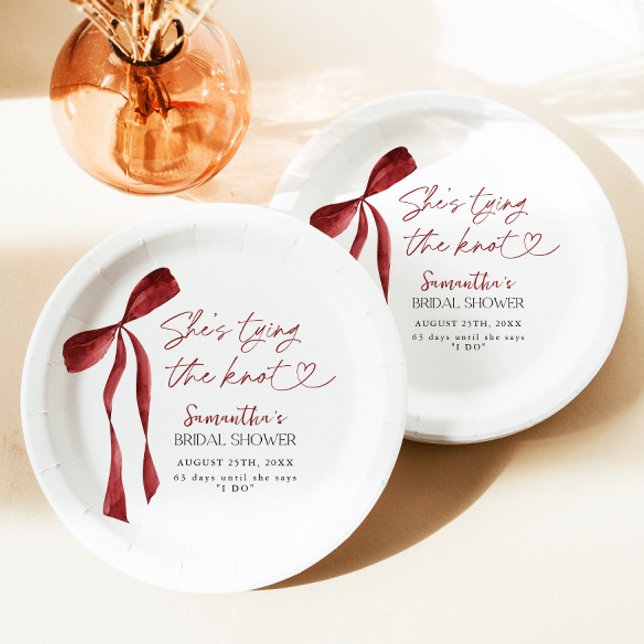 Burgundy Bow She's Tying The Knot Bridal Shower Paper Plates (Creator Uploaded)