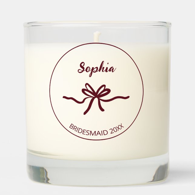 Burgundy Bow White Modern Bridesmaid Name Year Scented Candle (Front)