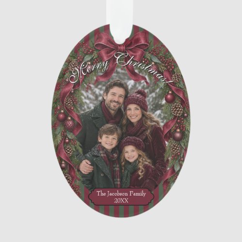 Burgundy Bows and Garland Classic Christmas Photo Ornament