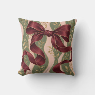 Burgundy Bows Sage Pink Stripes Throw Pillow