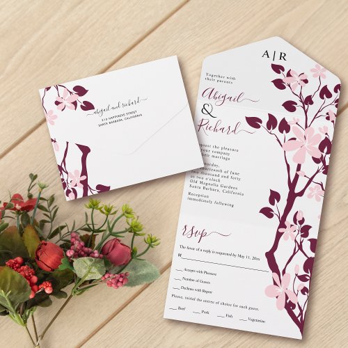 Burgundy branch with blush pink flowers wedding all in one invitation