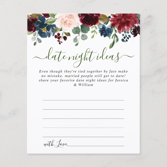 Burgundy Bridal Shower Date Night Idea Advice Card (Front)