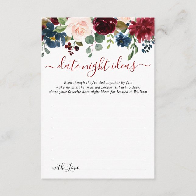 Burgundy Bridal Shower Date Night Idea Advice Card (Front)