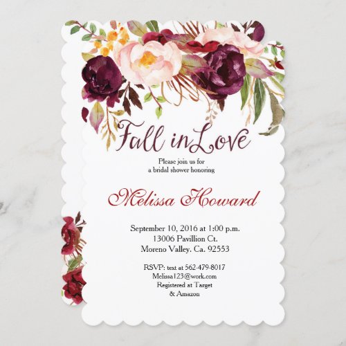 Burgundy Bridal Shower Fall in Love invitation