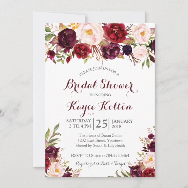 Burgundy bridal shower invitation (Front)