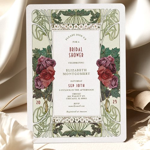 Burgundy Bridal Shower Invitation Art Nouveau Rose