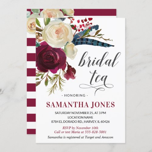 Burgundy Bridal Shower Tea Marsala Floral Wine Red Invitation