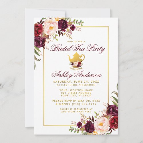 Burgundy Bridal Shower Tea Party Gold Invite