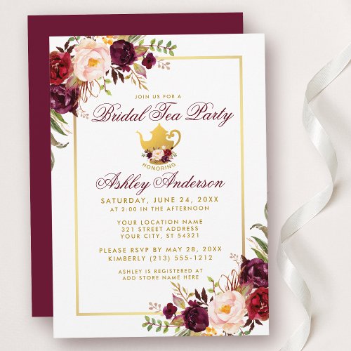 Burgundy Bridal Shower Tea Party Gold Invite B