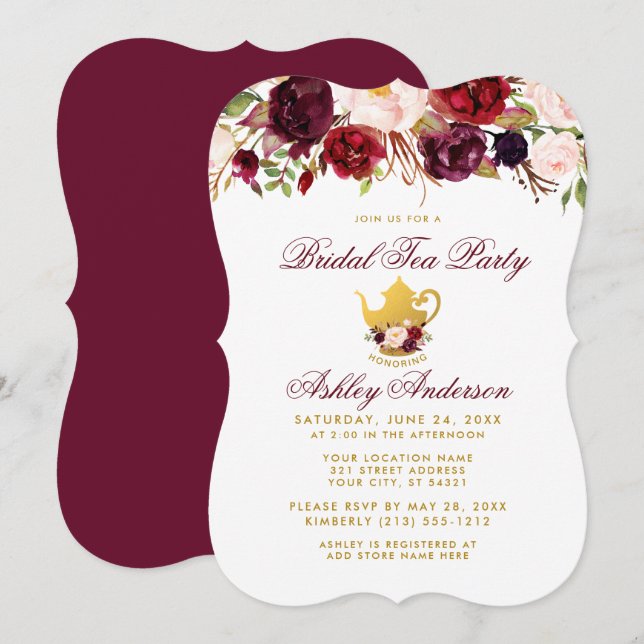 Burgundy Bridal Shower Tea Party Gold Invite BR (Front/Back)