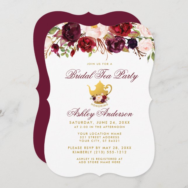 Burgundy Bridal Shower Tea Party Gold Invite BR (Front/Back)