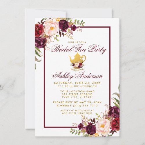 Burgundy Bridal Shower Tea Party Gold Invite FB