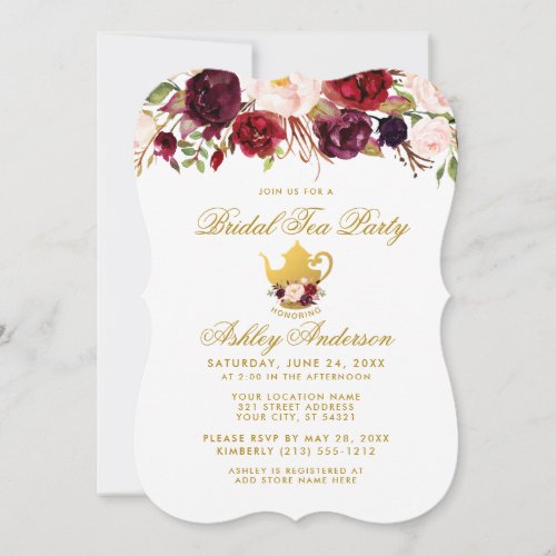 Burgundy Bridal Shower Tea Party Gold Invite GS