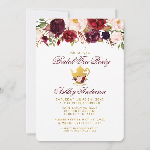 Burgundy Bridal Shower Tea Party Gold Invite R