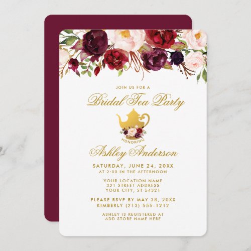 Burgundy Bridal Shower Tea Party Gold Invite RG