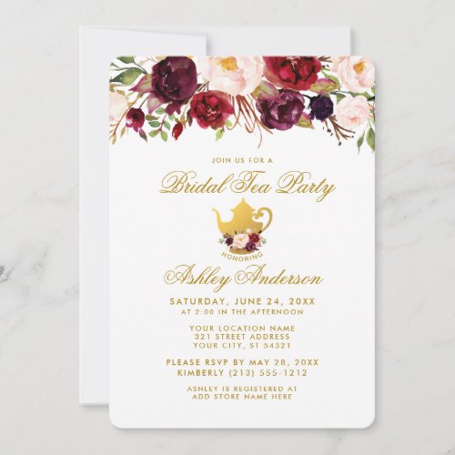 Burgundy Bridal Shower Tea Party Gold Invite RW