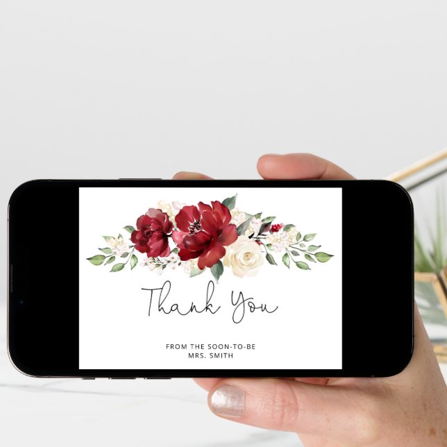Burgundy bridal shower thank you card (Front Digital)