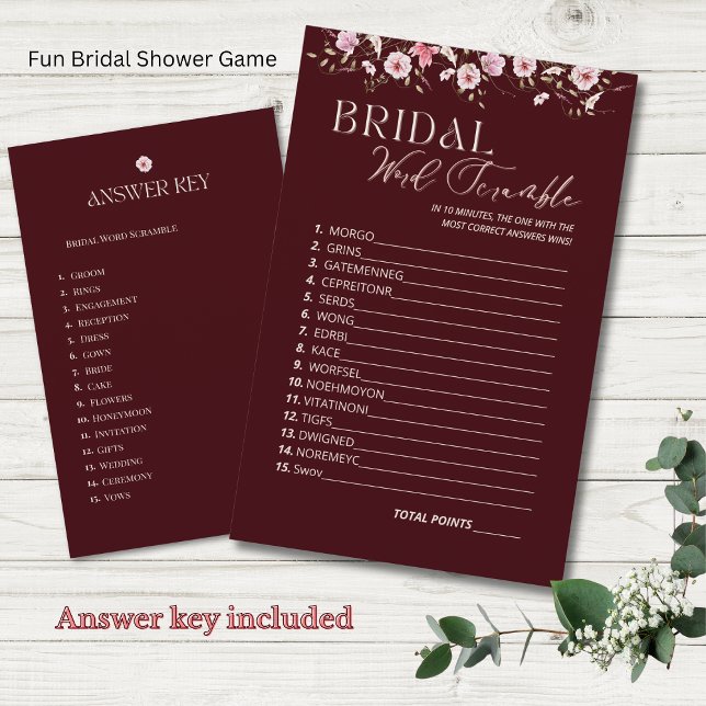 Burgundy Bridal Word Scramble Game With Answer Key (Creator Uploaded)