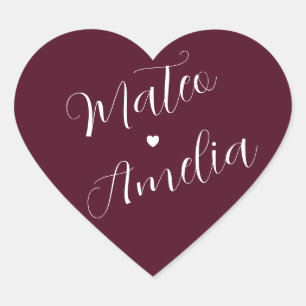 Burgundy Bride and Groom Names on Wedding Heart St Sticker